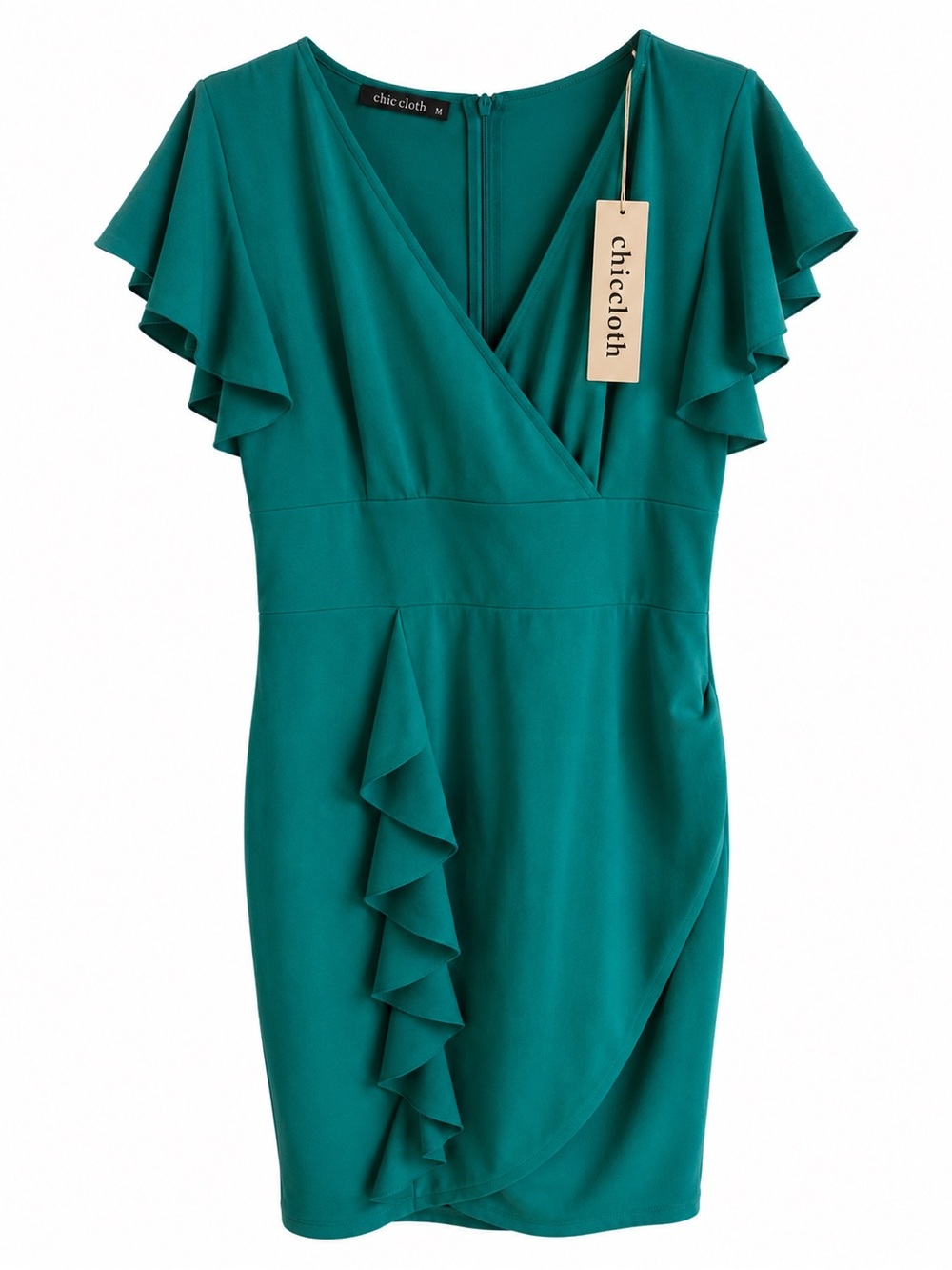 NWT ChicCloth XL Emerald Green Wrap Ruffle Cocktail Dress Flutter Sleeve - Picture 2 of 5